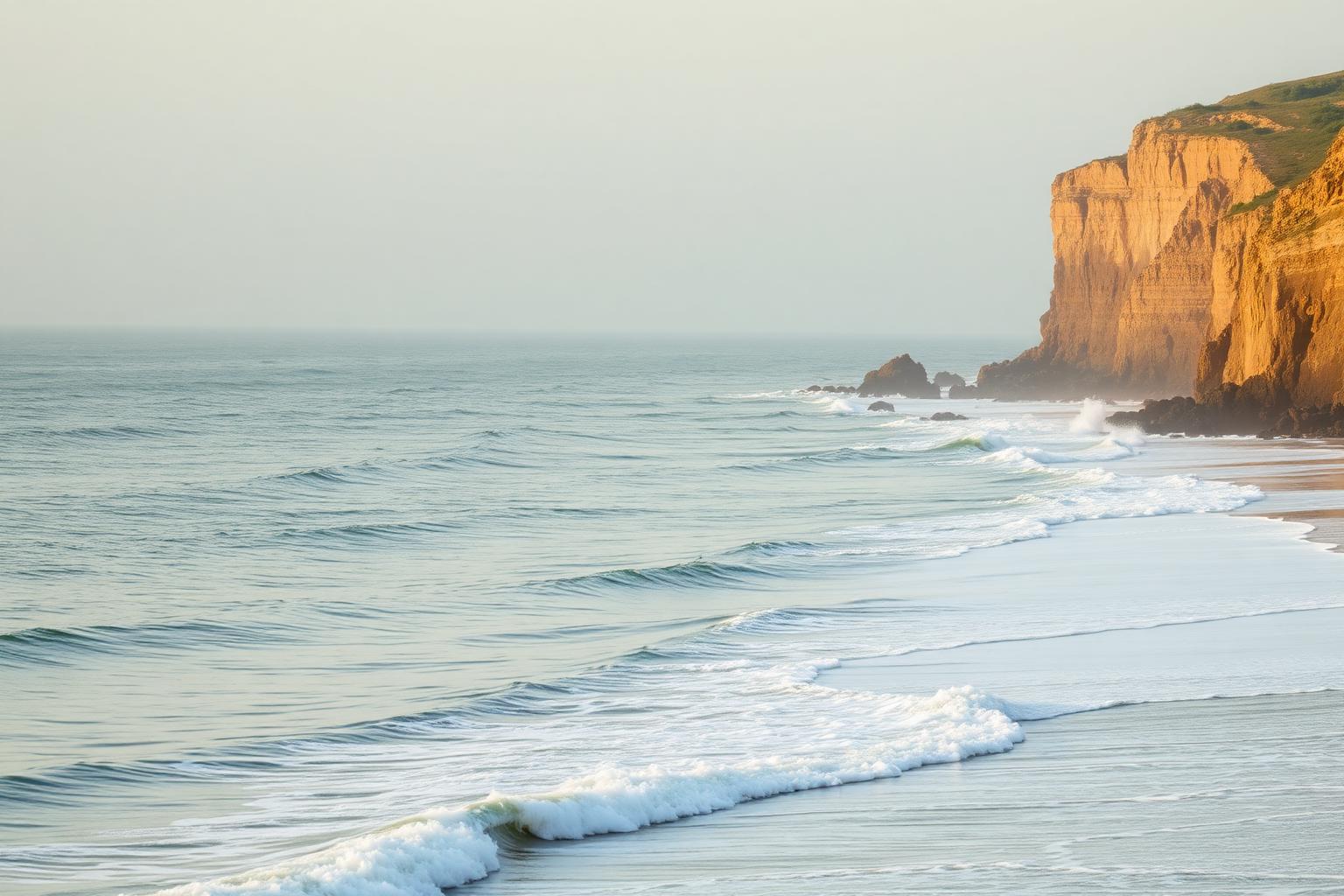 Coastal cliffs meeting calm sea-foam waves